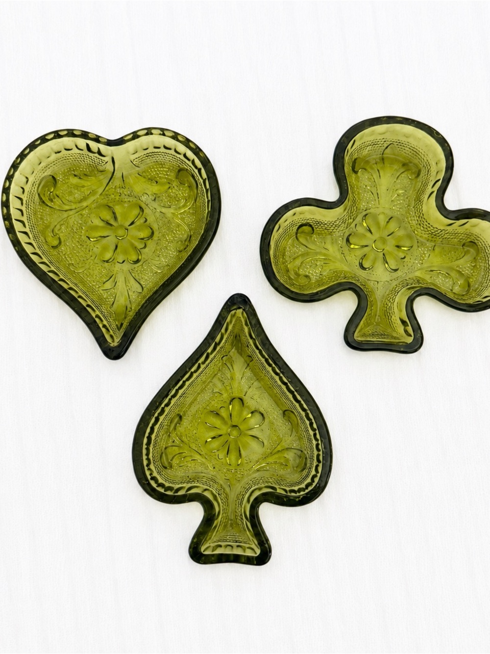 Vintage Indiana Glass Tiara Green Trinket Nut Dish Ashtray Heart Club Spade